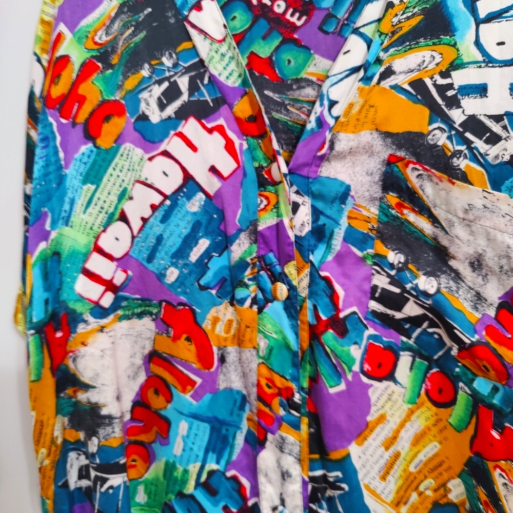 silk 80s oversized luxury V neck regal Hawaii slick button front blouse L - Picture 5 of 9
